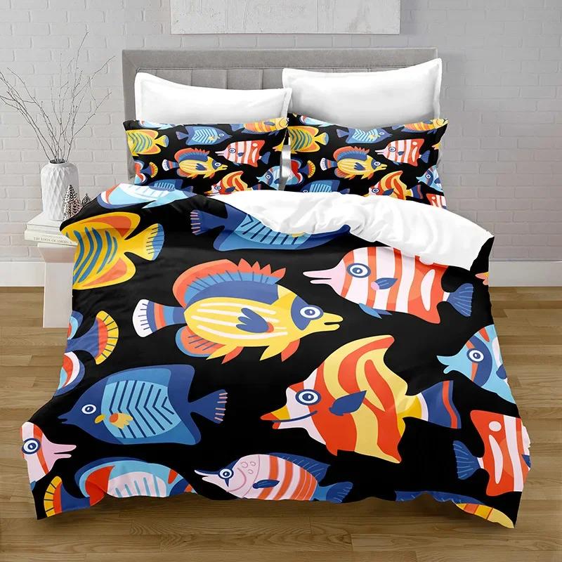 Cartoon Ozeanfisch Bettbezug Marine Thema Bettwäscheset Einzelbett für Jungen Mädchen Dekor Mikrofaser Meer Unterwasserwelt Bettdeckenbezug