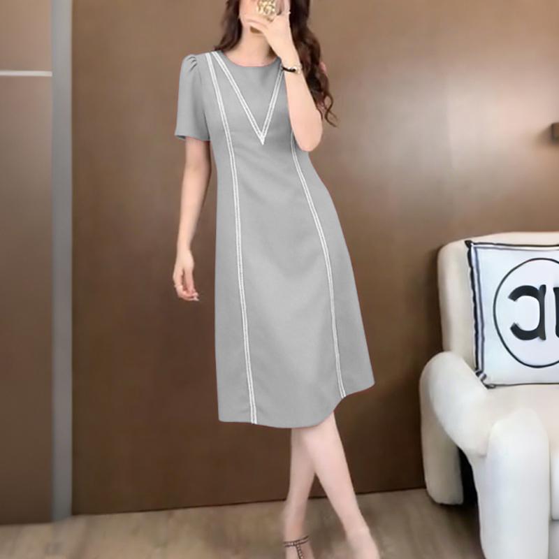 

ZANZEA Women Casual Round Neck Splic Short Sleeve Sheath Dress 5XL сірий колір