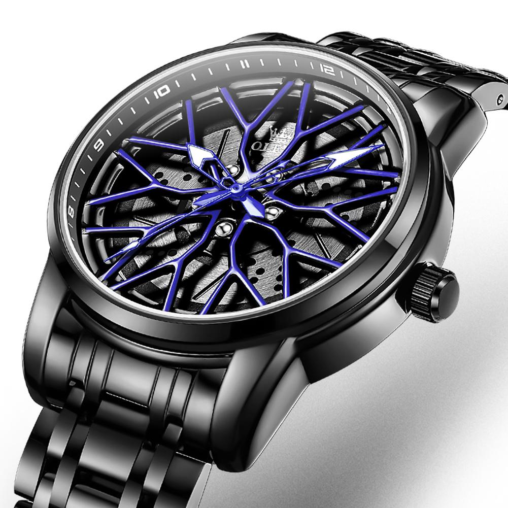 OLEVS Wheel Hub Dial Design Man Wristwatch Black Stainless Steel Men Watch Waterproof High Quality Men's Military Quartz Watches