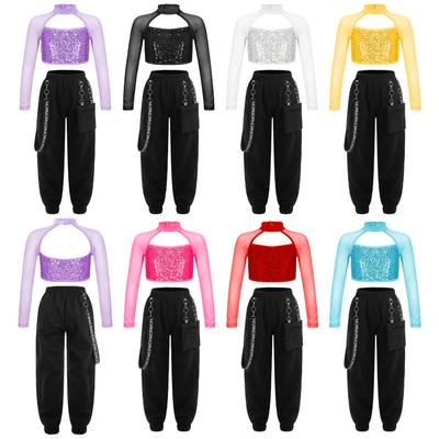 Kids Girls Street Dance Clothes Set Long Sleeve Shiny Sequin Crop Top Long Pants Child Outfits Set