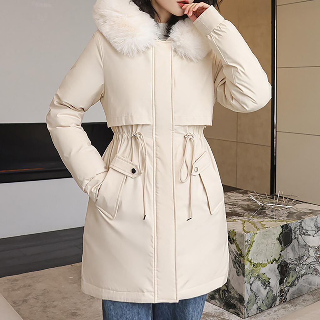 Damemote Uformell Ensfarget hette med plysj, middels lang langermet jakke med glidelåsknapp i bomull