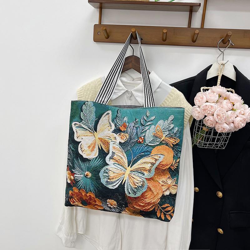New Jacquard Canvas Bag 3D Three-dimensional Embroidered Flower Butterfly Large-capacity Shoulder Bag Women's Bag Portable Shopping
