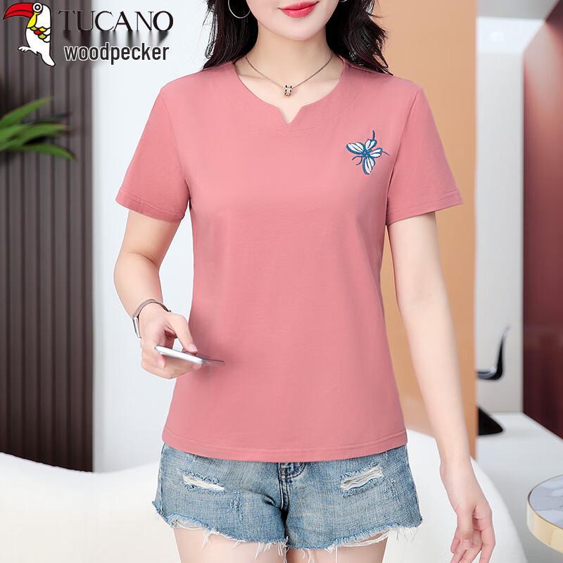 Woodpecker Women's Plus Size Embroidered V-Neck Cotton T-Shirt