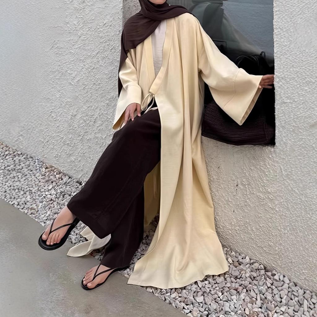 Women's Solid Color Oversized Open Front Abaya Maxi Cardigan Long Sleeve Muslim Kimono Outerwear
