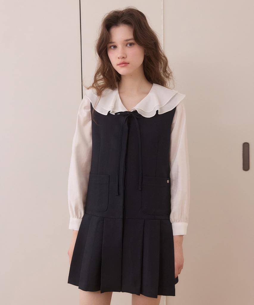 Adowl Hidden Button Ribbon Pleats Midi Dress - Navy