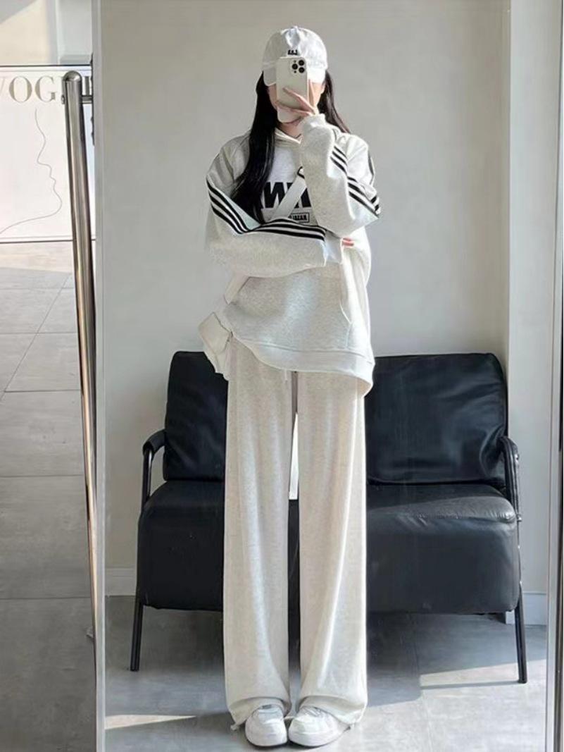 

Женские серые спортивные штаны в американском стиле: Весна и Осень Свободный крой, Стройнящий, Широкие брюки, Прямые брюки, Зима с флисовой подкладкой. S