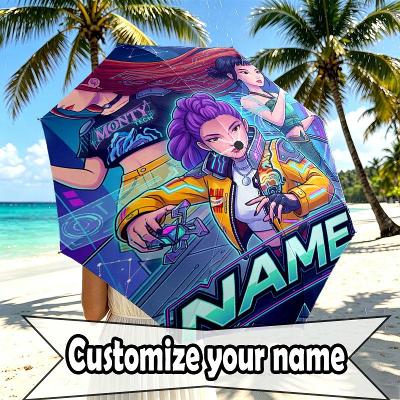 Custom Name Personalized Kpop Demon Hunter Print Umbrella, Auto Open Close, 8‑Rib Sturdy Frame, Commute Camping Hiking Use, Birthday Gift