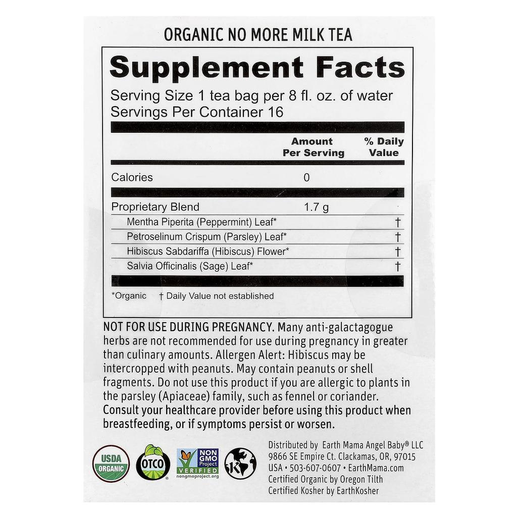 Organic No More Milk Tea, Refreshing Hibiscus Sage, Caffeine Free, 16 Tea Bags, 27.2G (0.96Oz)