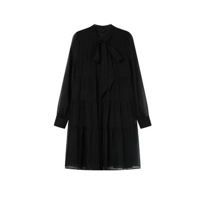 Spring Style Lace-up Bow Temperament Texture Long Sleeve Mid-length Women's Pleated Dress