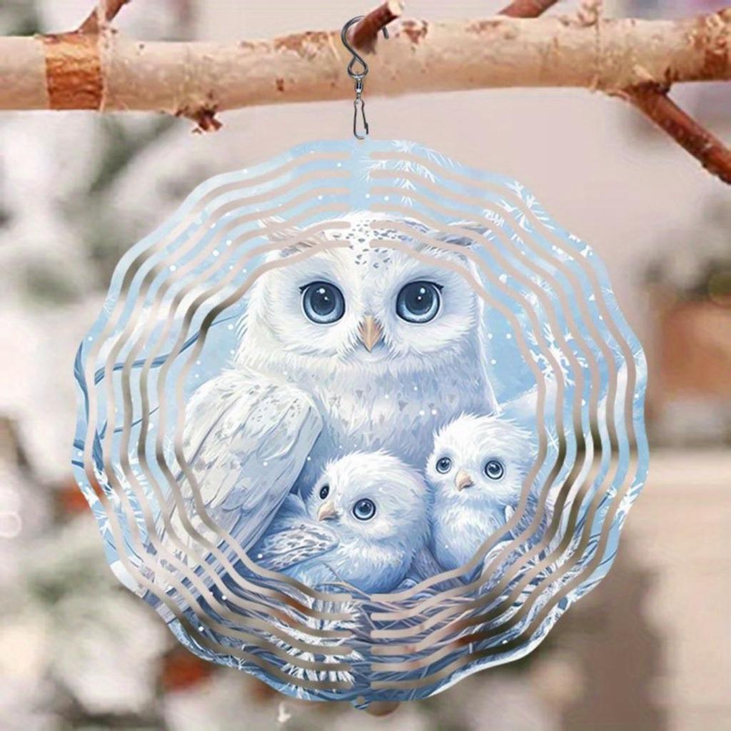 2D Mandala Wind Chime with Owl Family Pattern Metal Windmill Dynamic Sculpture for Garden Courtyard Hanging Decor Durable Outdoor