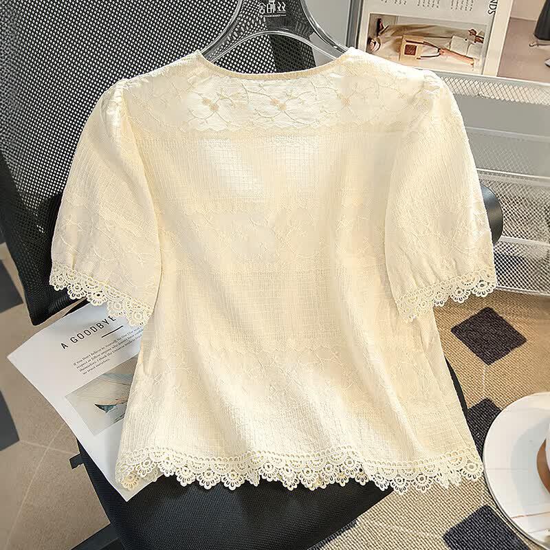 Women's Pure Cotton Jacquard Embroidered Short-Sleeve Shirt