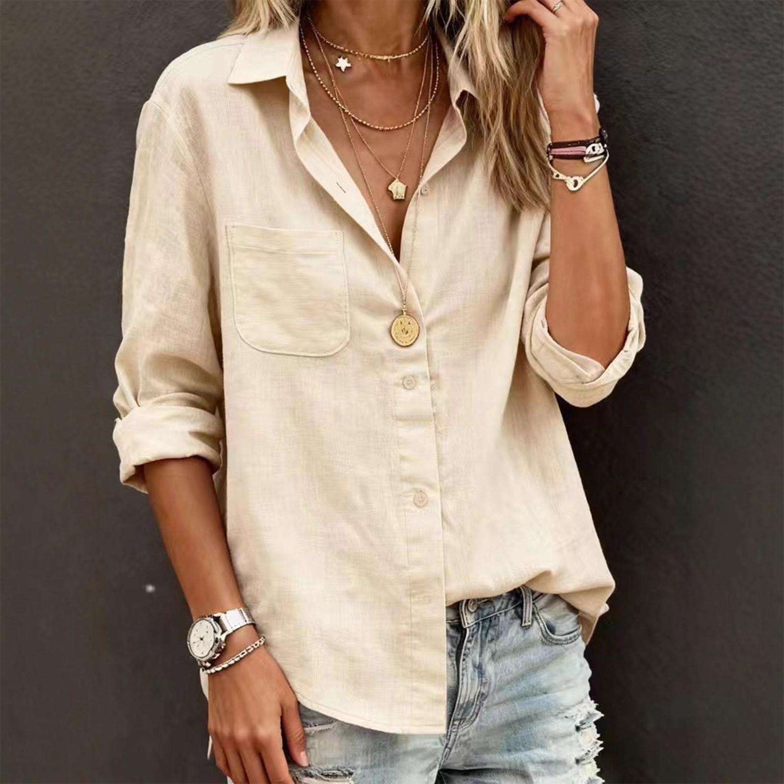 Women s Fashion Casual Long Sleeve Linen Loose Casual Shirt L бежевый