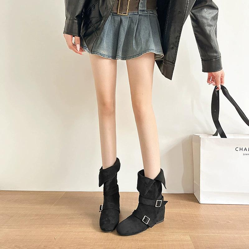 Cowhide version retro belt buckle medium boots women's new thin and versatile western boots inner height increase Martin boots