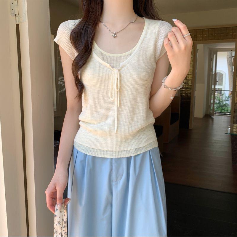 Kumikumi Sweet Style Contrast Color Patchwork Short sleeve knit Women Summer Age-Reducing Chic Lace-up Fake Two Pieces Top
