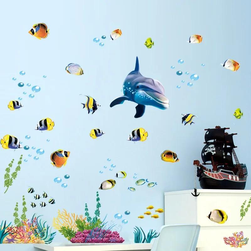 New Underwater World Dolphin Creative Children's Room Kids Bedroom Bedside Decoration Wall Sticker Stickers