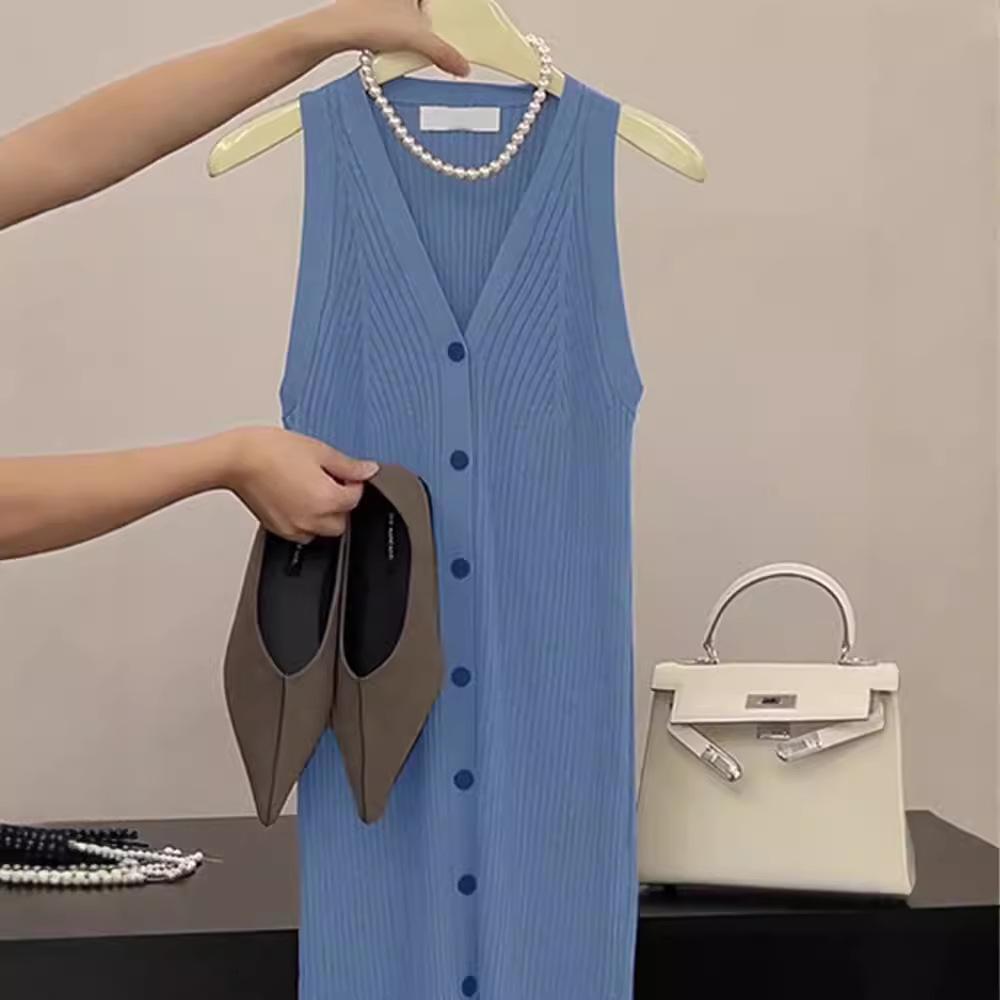 

Шикарна французька трикотажна сукня без рукавів з V-подібним вирізом: Повсякденний, Однотонний, Вільного крою, Середньої довжини Large синій