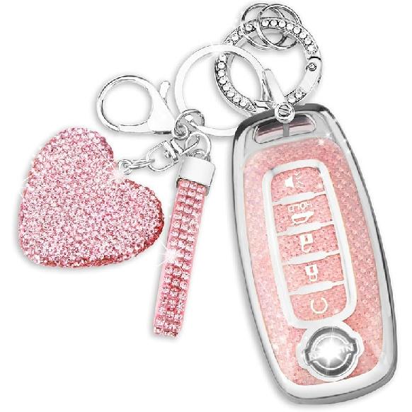 QBUC Key Fob Cover For Nissan With Heart Keychain, Car Key Fob Protector For Women, 5 Buttons Key Case Compatible With 2024 2025 Pathfinder Rogue,