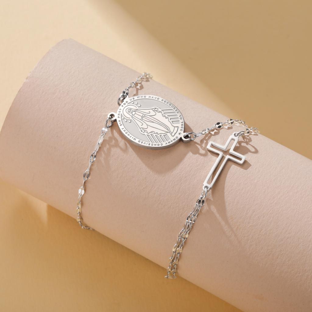 Teamer Virgin Mary Emboss Hollow Cross Finger Bracelet For Women Girls Stainless Steel Double Amulet Fashion Jewelry Gift New