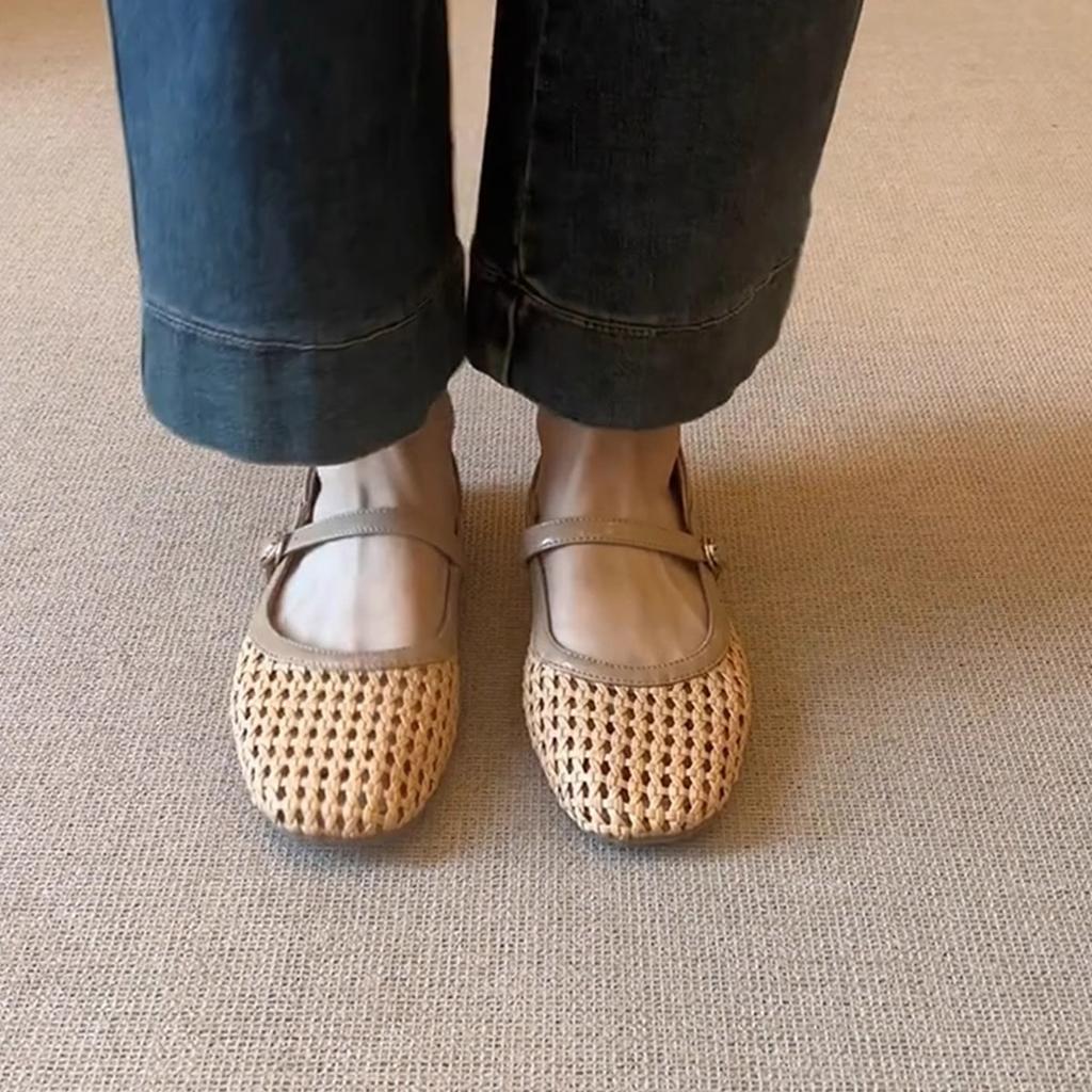 Sheepskin Version~ French Literary and Artistic Style Woven Hollowed-out Outer Wear Breathable Mary Jane Sandals Women's Word with Flat Shoes