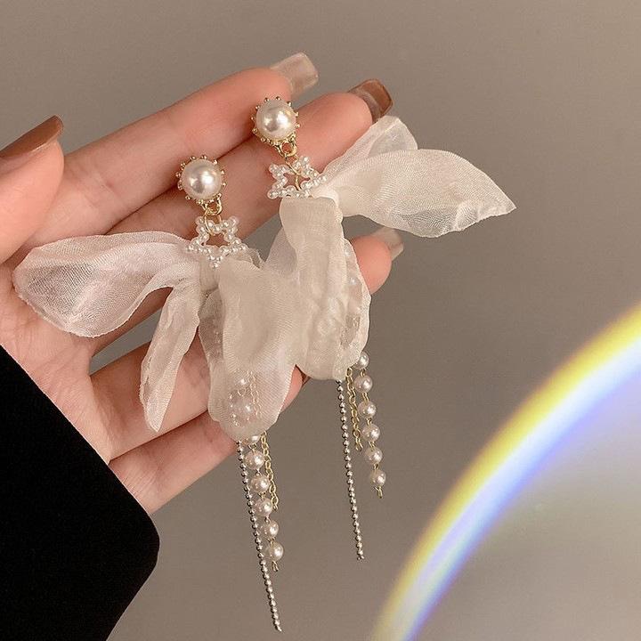 Elegant Fine Crystal Snow Gauze Bowknot Earrings for Women Girl Romantic Temperament Dangle Earrings Wedding Jewelry Accessories