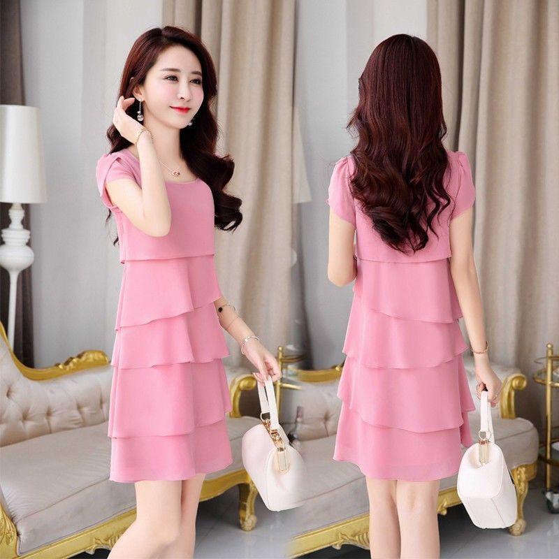 Rochie midi din șifon de damă, culoare uni, cu gât rotund, cu mâneci scurte, cu mai multe camere, rochii pentru tort