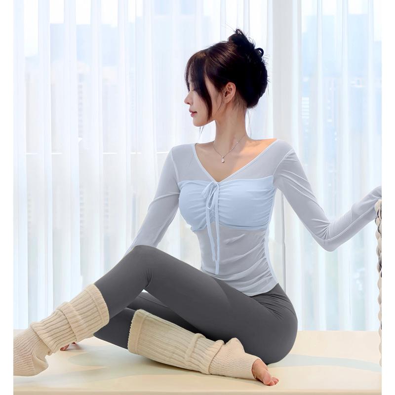 Сетчатый топ для йоги с длинным рукавом и вставками на груди - Быстросохнущий цельный топ для пилатеса XXL