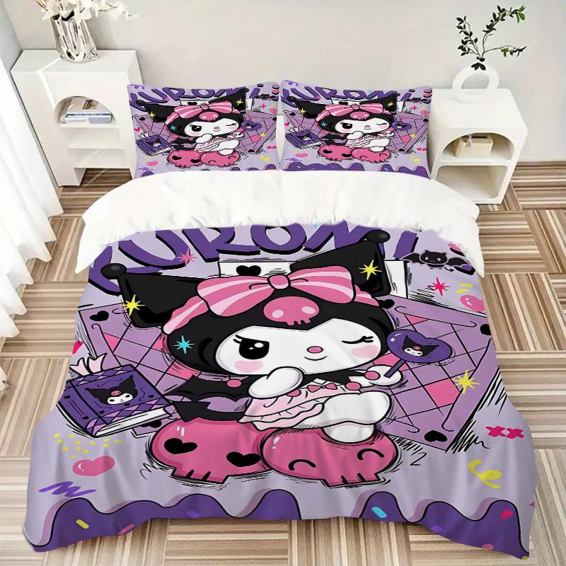 3pcs Kuromi's Sweet Halloween Adventure Sanrio Print Bedding Set (1 Cover + 2 Pillowcases, Without Inserts),  Soft and Comfortable S058