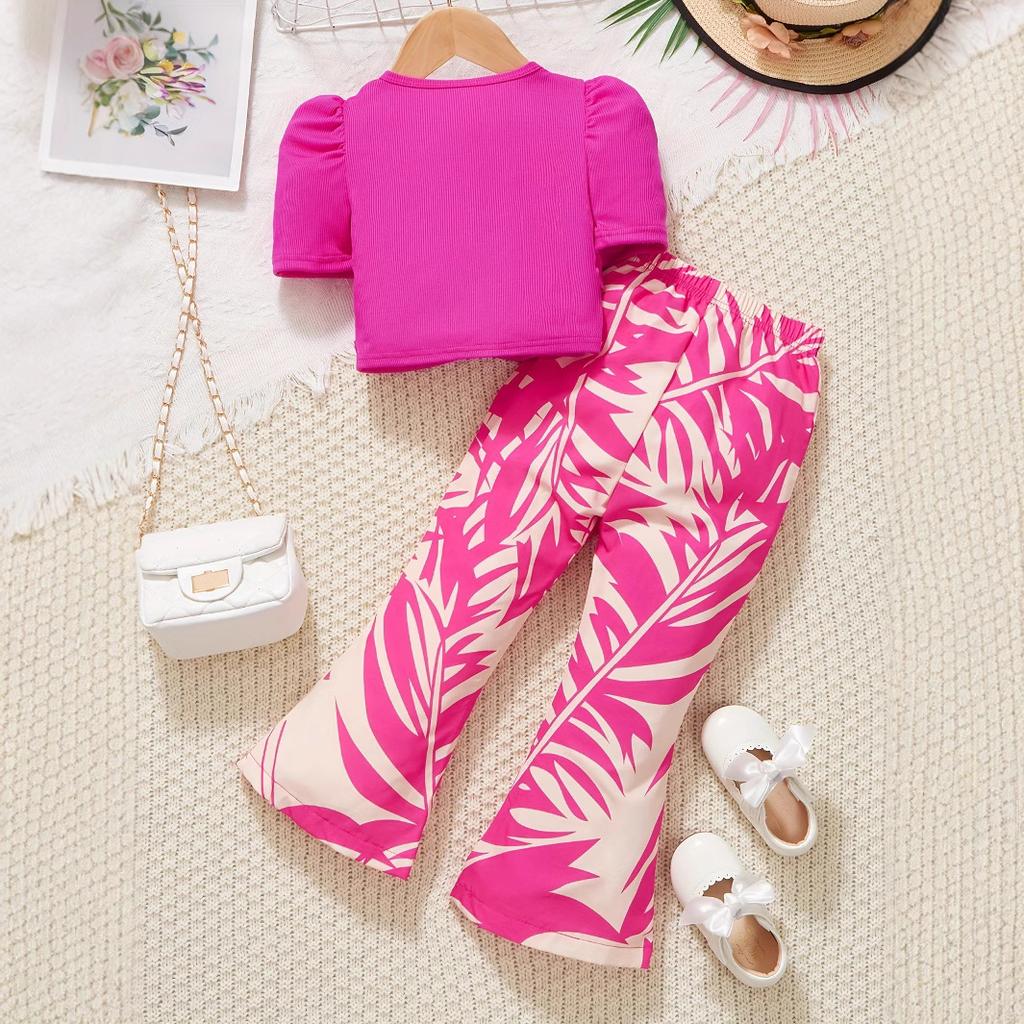Girls Fashion Set Summer Children's Puffed Sleeve Top Printed Bell Bottoms Two-piece Set