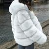 Women's Mid-Length Faux Fox Fur Jacket with Hood - Thickened Winter Patchwork Coat Long Sleeve