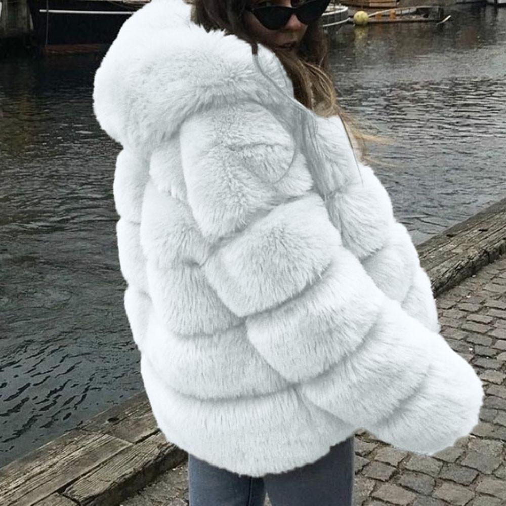 Women's Mid-Length Faux Fox Fur Jacket with Hood - Thickened Winter Patchwork Coat Long Sleeve