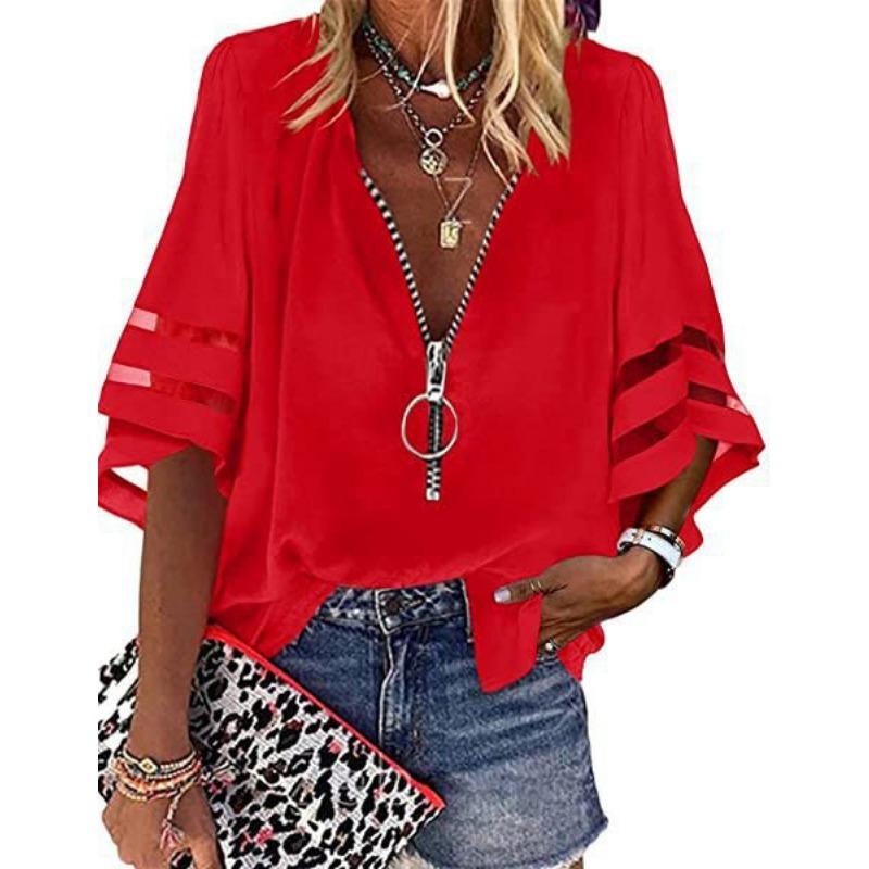 Women's Zipper Front V Neck Chiffon Blouse Casual Flare Sleeve Mesh Panel Loose Top