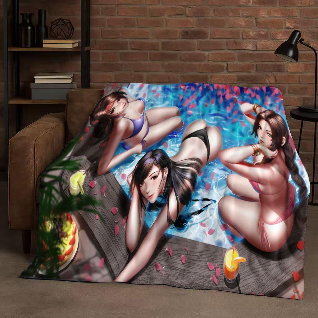 HD Tifa Aerith Sexy Lace Girl Cartoon Flannel Blanket,Ultra Soft Warm Plush Throw for Home Bedroom Bed Sofa Cover Picnic Kids