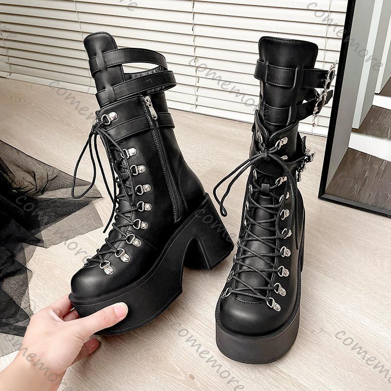 Comemore Punk Goth Women Motorcycle Boots Belt Buckle Thick Bottom Platform Shoes Woman Black Cool Street Mid-calf Botas Female