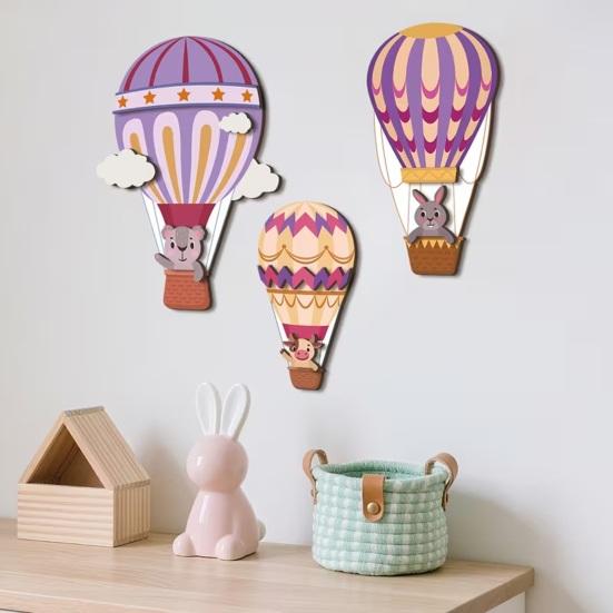 3Pcs Hot Air Balloon Wall Decor Cute Rabbit And Balloon Wooden Art for Nursery Kids Room Living Room Whimsical Hanging