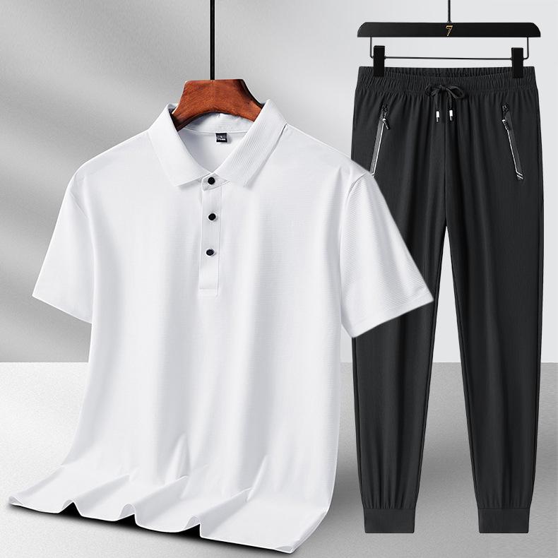 Men's Summer Ice Silk Two-Piece Set: Short Sleeve Top & Long Pants - Casual Sportswear for Father's Day Gift