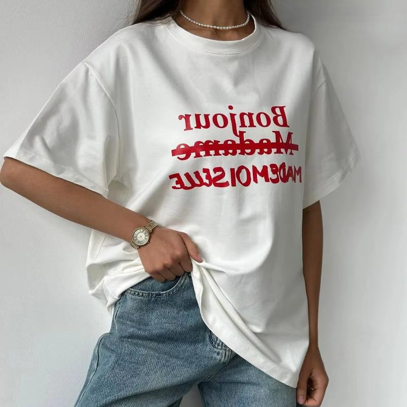 Simplicity Letter Printed Cotton T Shirt Women Summer White Loose Short Sleeve Round Neck Tops Casual Basic Lady Clothes