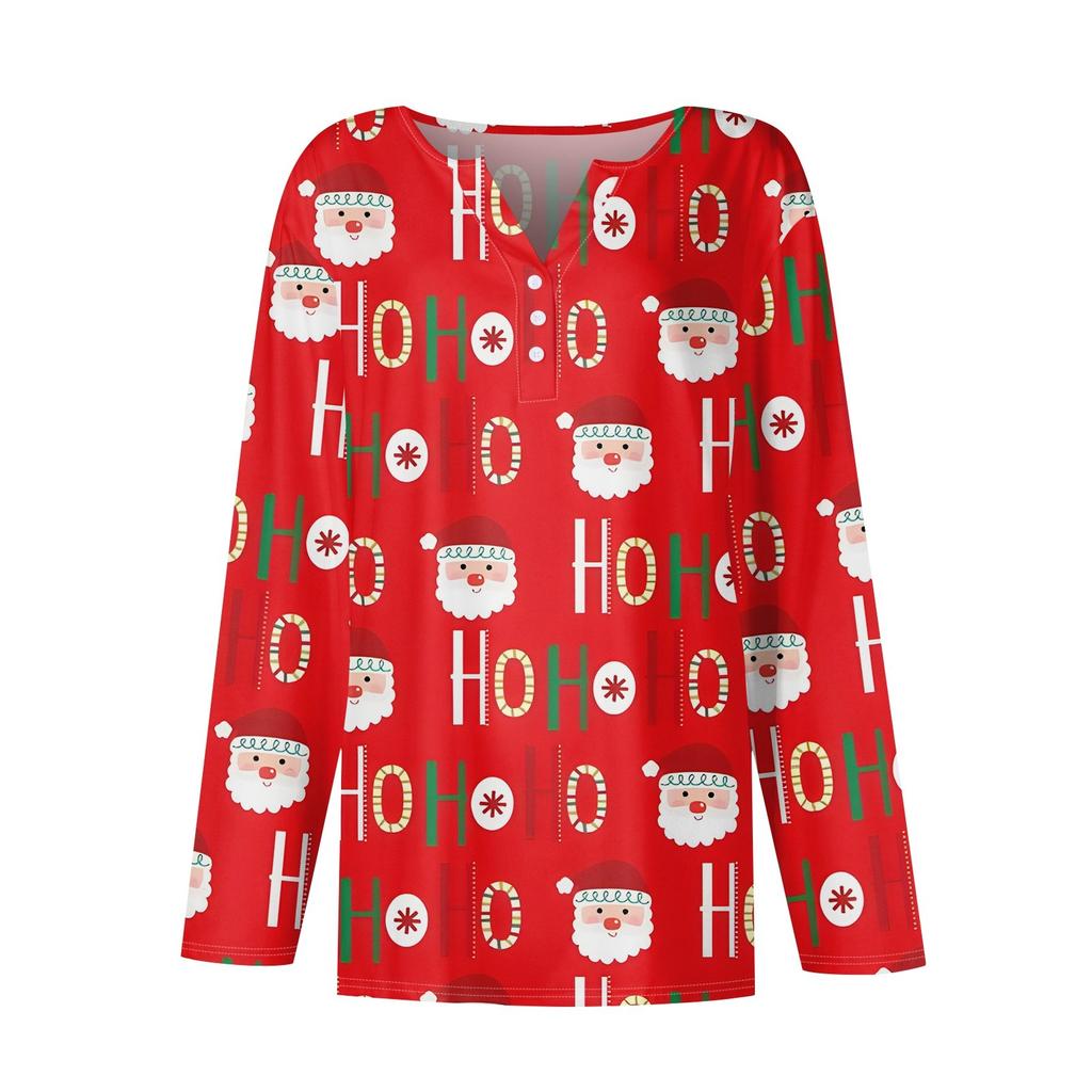 Dámské tričko s vánočním potiskem, knoflíky, dlouhým rukávem, pro každodenní nošení i víkendovou módu, základní střih s výstřihem do V, běžný top