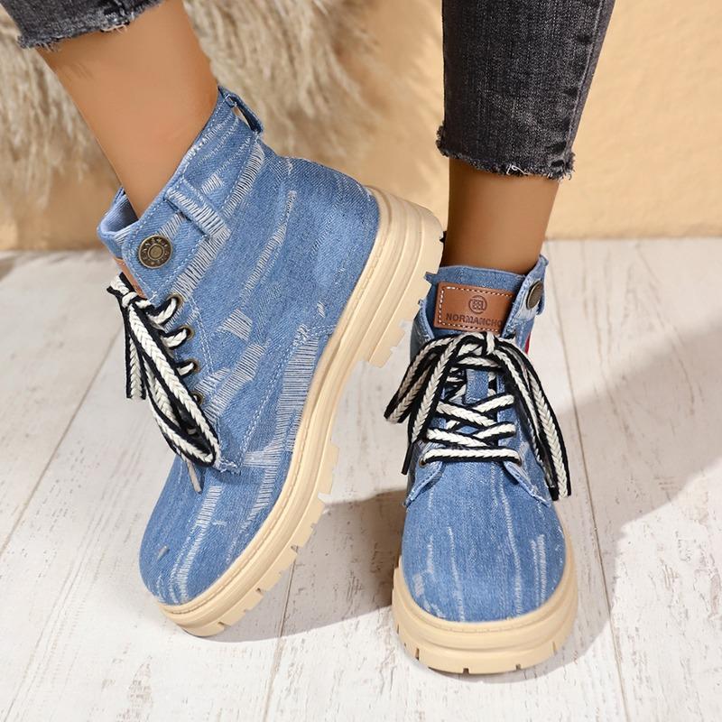 Fashion Women's Chunky Single Boots New Fall Round Head Denim Embroidered Front Lace-up Thick Sole Non-slip Ankle Boots