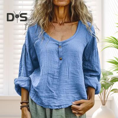Women Shirt Crew Neck Buttons Decor Long Sleeve Pullover Tops Solid Color Loose Fit Casual Style Shirt Daily Wear