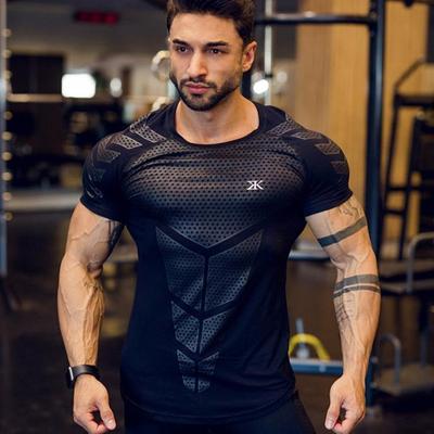 Compression Quick Dry T-shirt Men Running Sport Skinny Short Tee Shirt Male Gym Fitness Bodybuilding Workout Black Tops Clothing