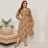 Autumn Winter New Long Sleeve V Neck Slim Fit All Match High Waist Printed Lace Up Women Long Dress