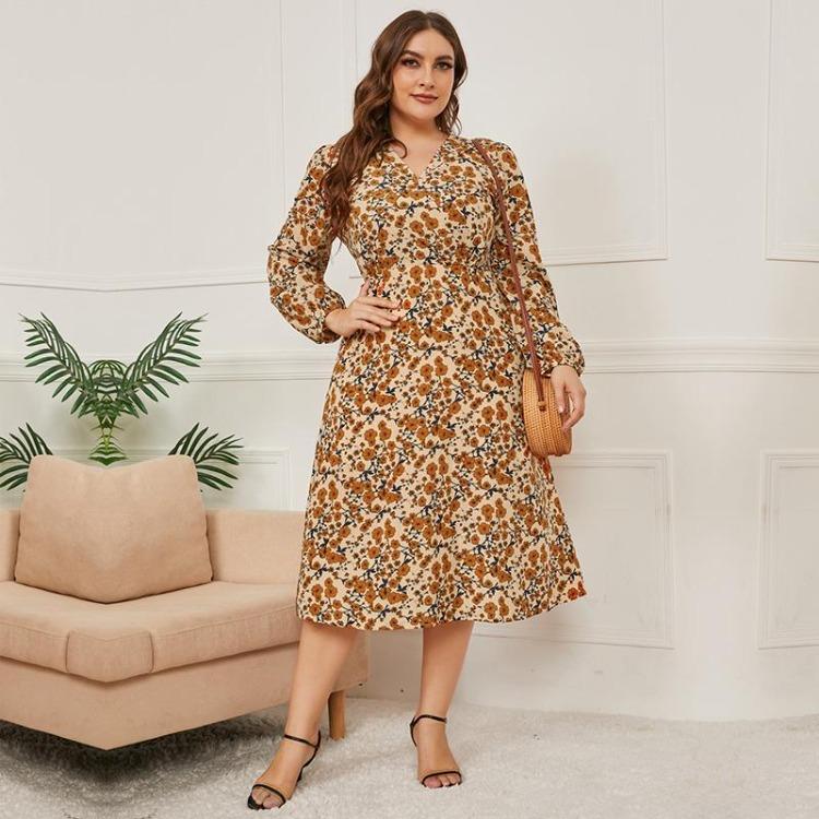 Autumn Winter New Long Sleeve V Neck Slim Fit All Match High Waist Printed Lace Up Women Long Dress