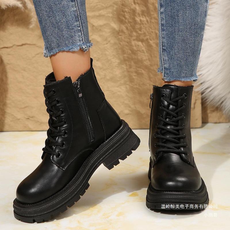 Outer Size New Thick-soled Lace-up Short Martin Boots Women's Cross-border Large-size Velvet Leather British Style Warm Cotton Shoes