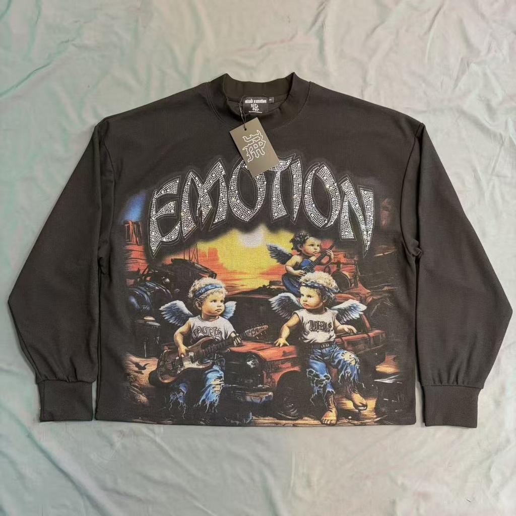 2026 Spring and Autumn New MIX Retro with Diamond Angel Letter Crew Neck Long Sleeve Men and Women of the Same Style, One Piece Will Be Sent In