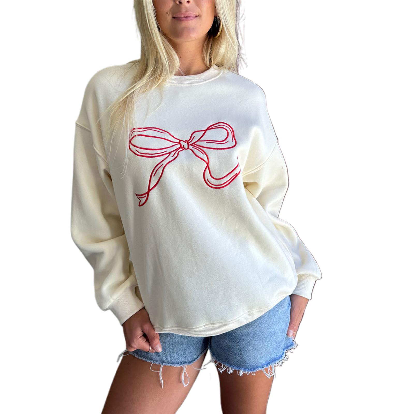 

Женская толстовка с длинным рукавом, круглым вырезом, бантом, принтом, толстовка с капюшоном, повседневные топы S белый