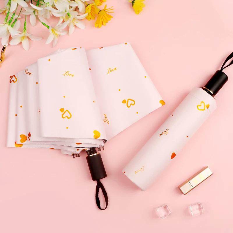 Women's Folding Umbrella for Both Sunny and Rainy Weather, with Heart Print, Fully Automatic, Thickened, Sun Protection, Uv Protection, Sunshade
