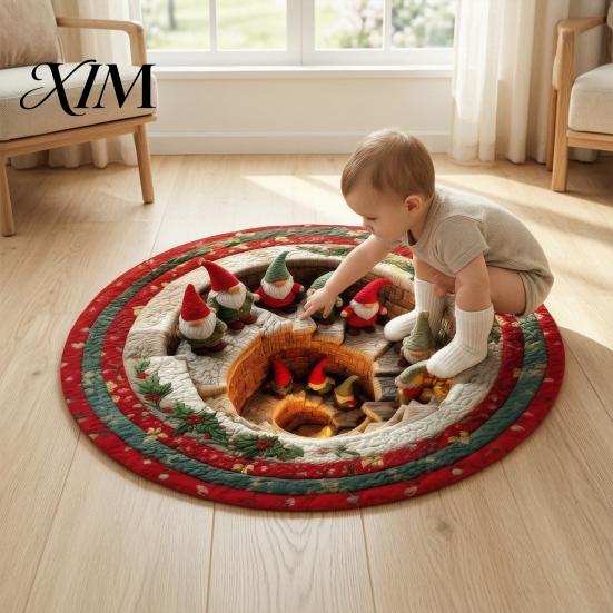 Holiday Party Floor Decoration Christmas Round Rug, 3D Illusion Mat, Winter Carpet, Soft Gnome Deer Crystal Velvet Mat Santa House Festive Rug
