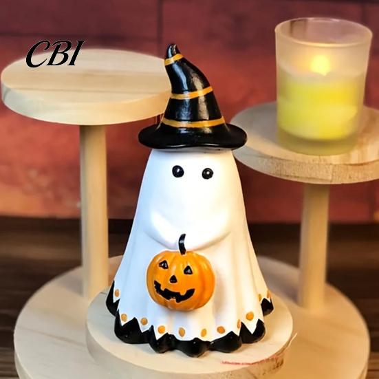 Halloween Table Centerpiece Ghost Figurine, Cute Wearing Hat And Holding Holiday Vibes Decor Pumpkin Statue, Resin Ornament for Shelf Tabletop