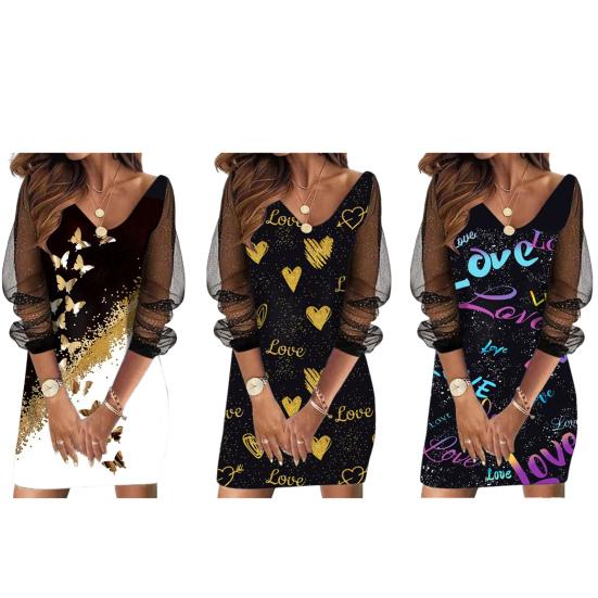 Women Dress See-through Mesh Patchwork Plus Size A-line V Neck Shiny Sequin Loose Long Sleeve Letter Print Above Knee Length Mini Dress