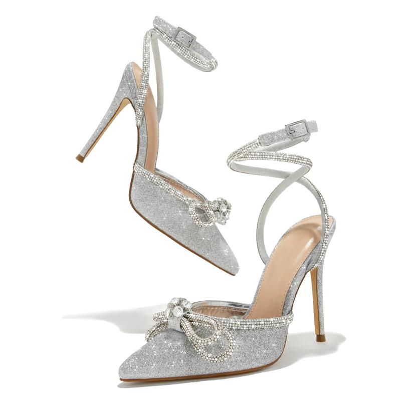 Women Shoes Designer Butterfly-knot Crystal Buckle Strap Pumps Street Style Elegant Thin High Heels for Women Stripper Prom Shoe